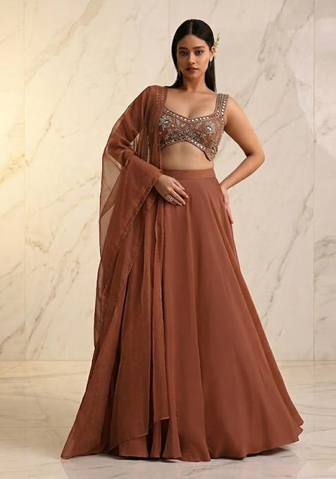 Rust Brown Embroidered Handwork Lehenga Set