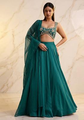 Teal Green Embroidered Handwork Lehenga Set