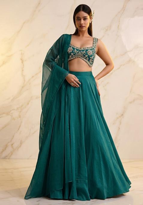 Teal Green Embroidered Handwork Lehenga Set