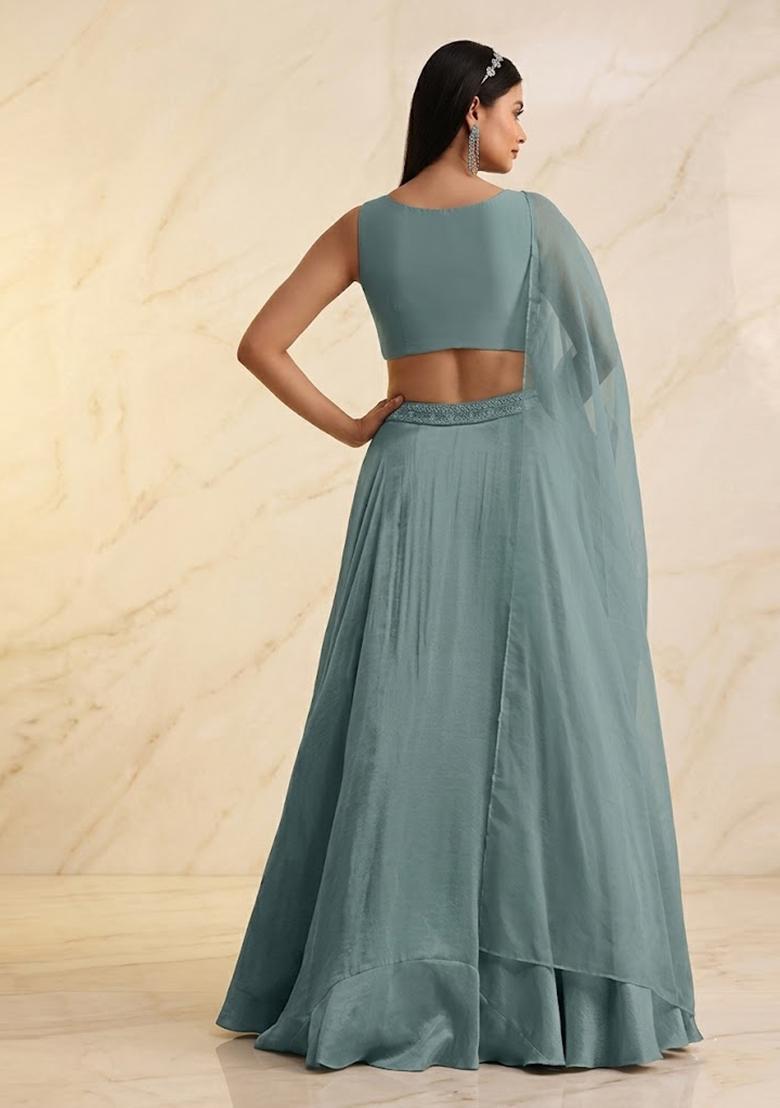 Slate Blue Embroidered Handwork Lehenga Set - Indya