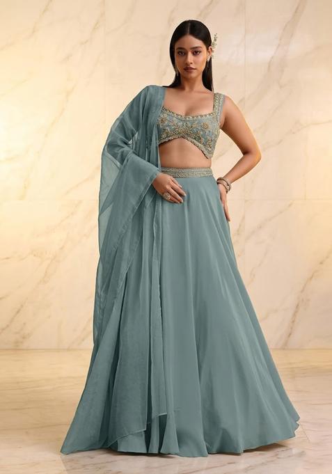 Slate Blue Embroidered Handwork Lehenga Set