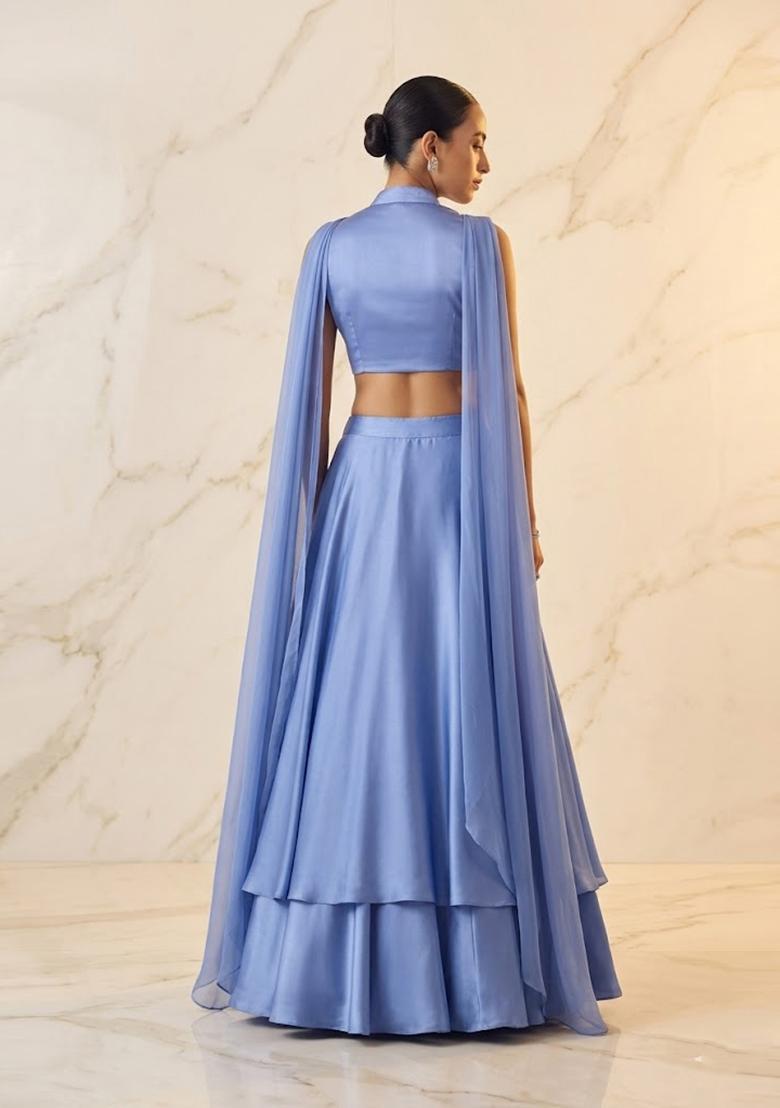 Periwinkle Blue Embroidered Handwork Lehenga Set - Indya