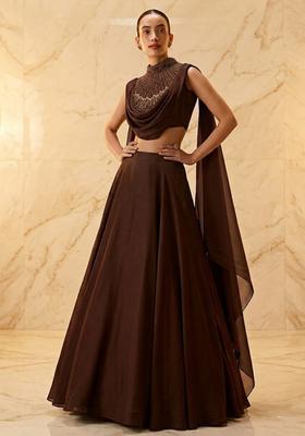 Dark Brown Embroidered Handwork Lehenga Set