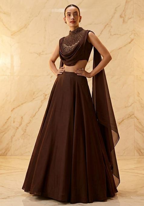 Dark Brown Embroidered Handwork Lehenga Set