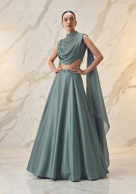 Sage Green Embroidered Handwork Lehenga Set