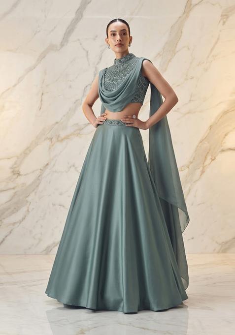 Sage Green Embroidered Handwork Lehenga Set