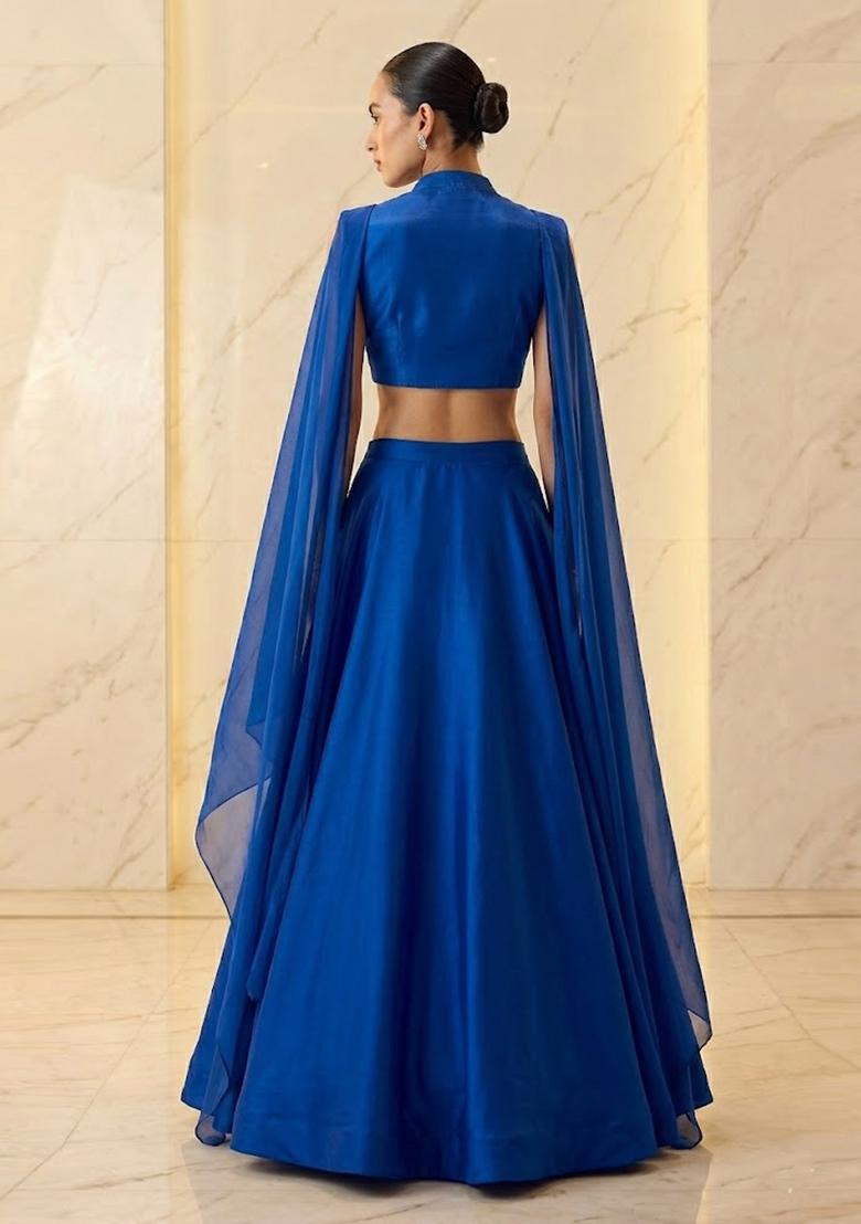Cobalt Blue Embroidered Handwork Lehenga Set - Indya