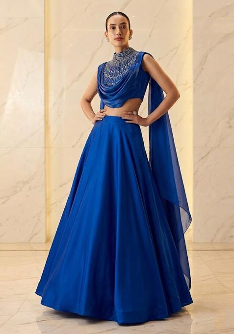 Cobalt Blue Embroidered Handwork Lehenga Set
