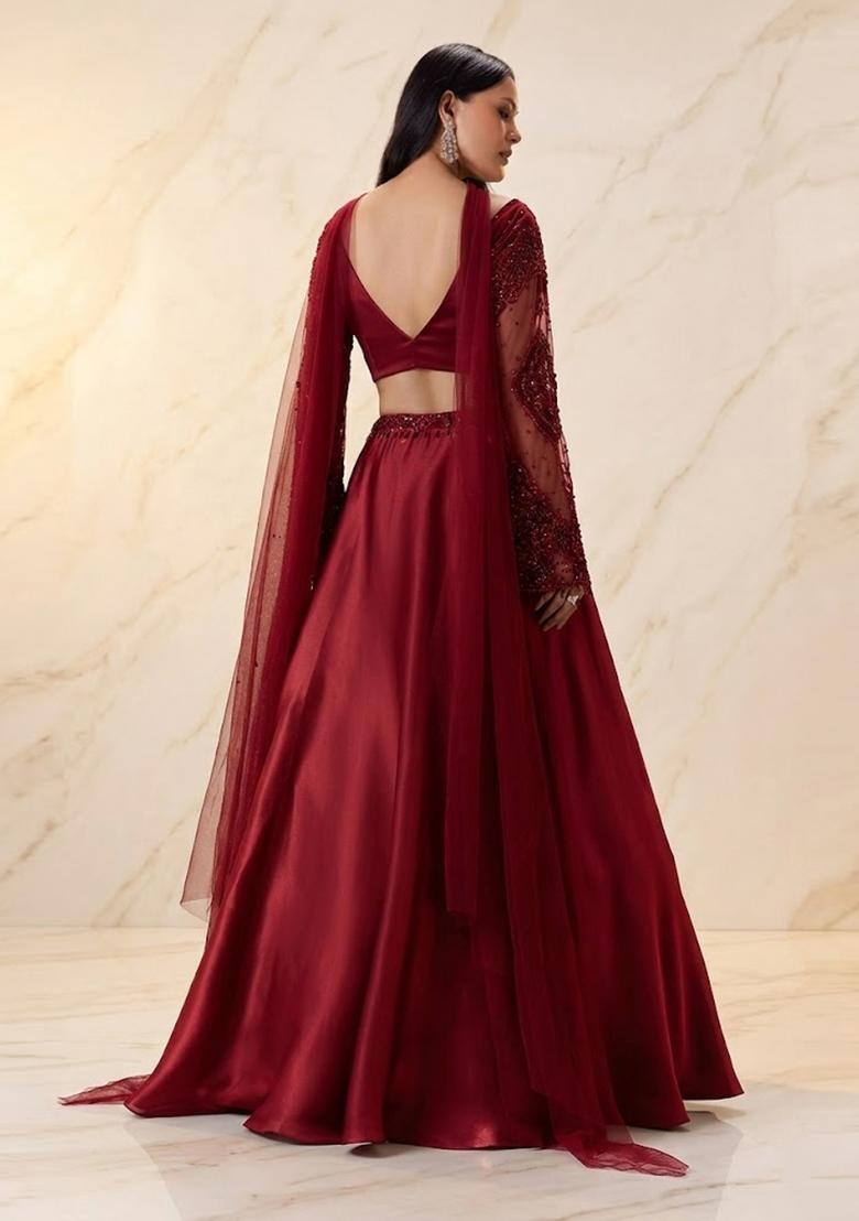 Maroon Red Embroidered Handwork Lehenga Set - Indya