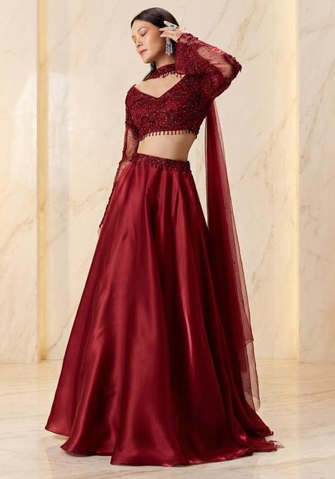 Maroon Red Embroidered Handwork Lehenga Set