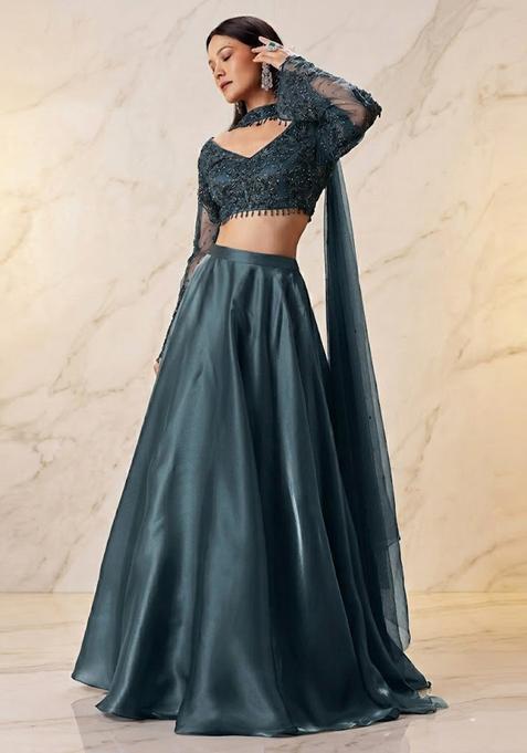 Grey Embroidered Handwork Lehenga Set