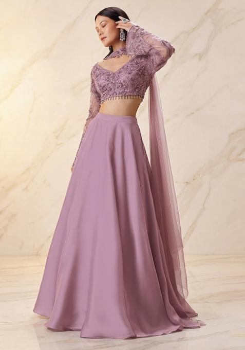 Mauve Purple Embroidered Handwork Lehenga Set