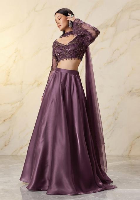 Dusty Purple Embroidered Handwork Lehenga Set