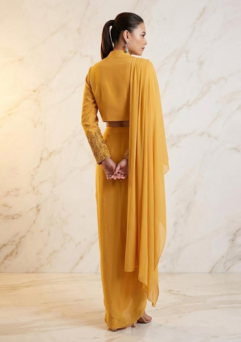 Golden Yellow Embroidered Handwork Fusion Set - Indya