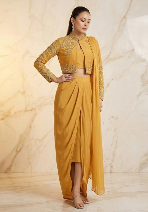 Golden Yellow Embroidered Handwork Fusion Set