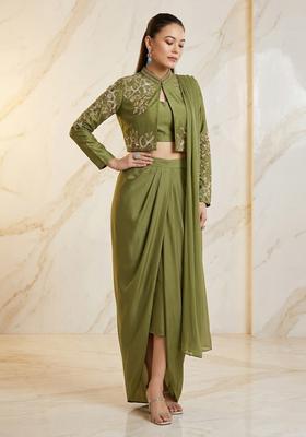 Olive Green Embroidered Handwork Fusion Set