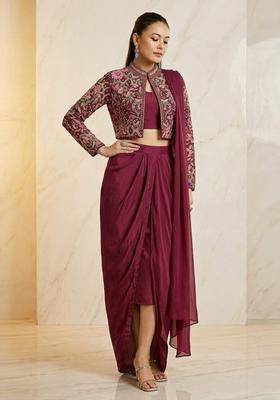 Maroon Embroidered Handwork Fusion Set