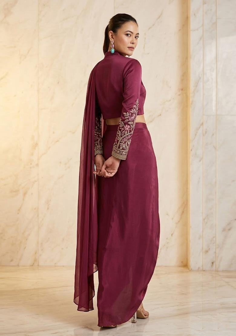Maroon Embroidered Handwork Fusion Set - Indya