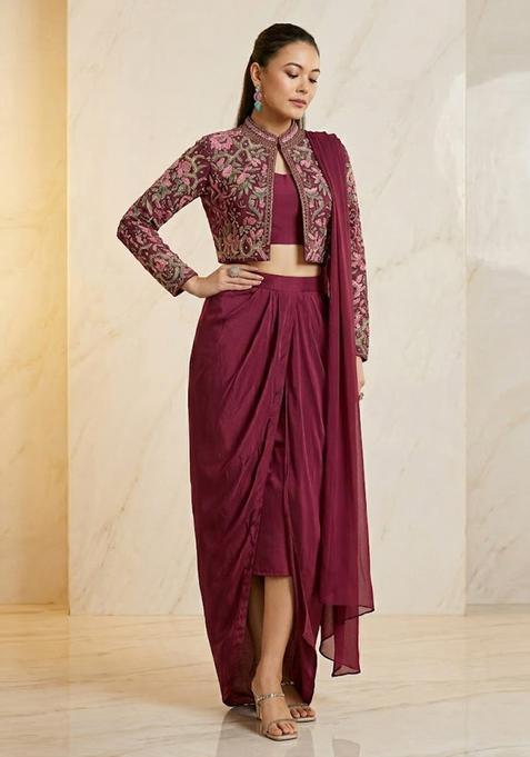 Maroon Embroidered Handwork Fusion Set