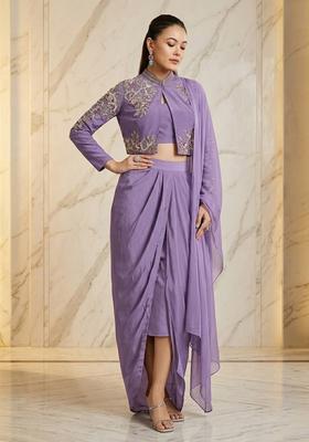Lilac Purple Embroidered Handwork Fusion Set