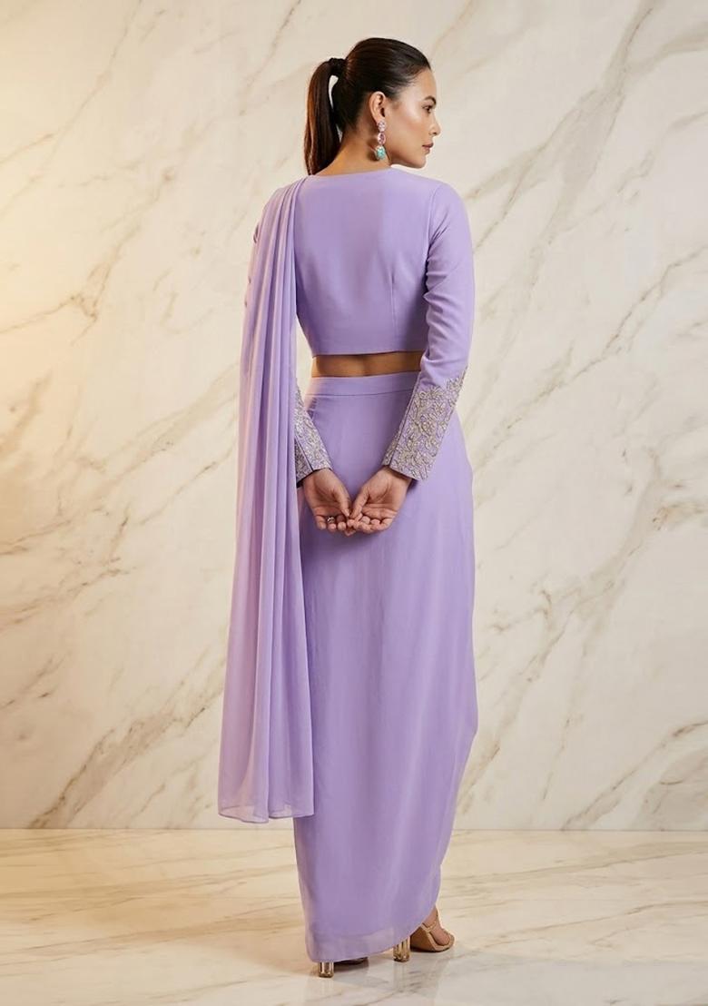 Lilac Purple Embroidered Handwork Fusion Set - Indya