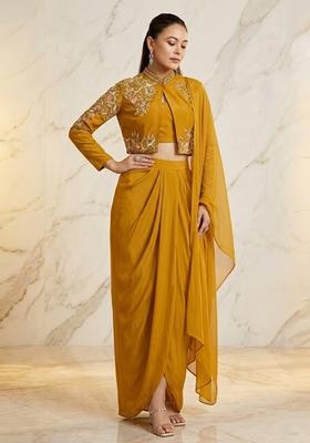 Mustard Yellow Embroidered Handwork Fusion Set