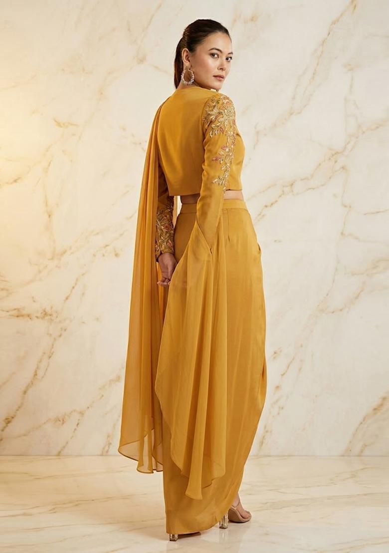 Mustard Yellow Embroidered Handwork Fusion Set - Indya