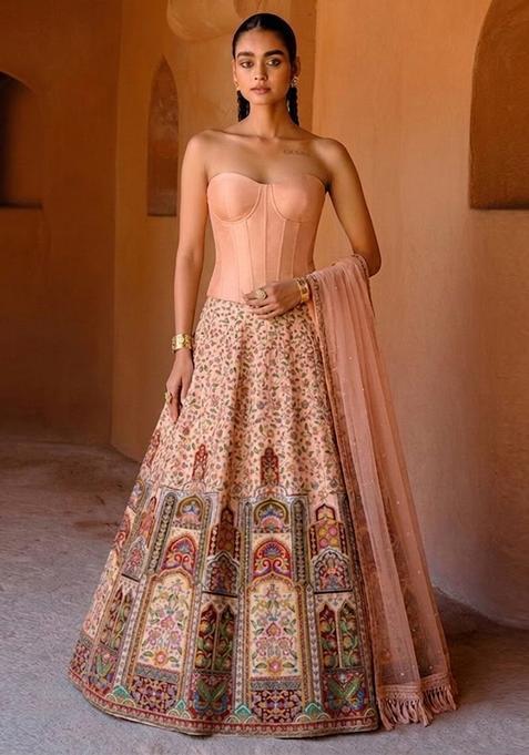 Peach Pink Printed Crepe Lehenga Set