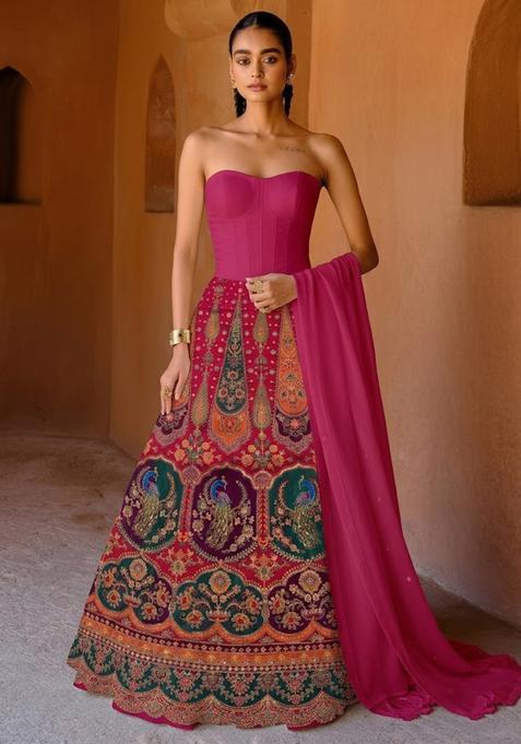 Hot Pink Embroidered Crepe Lehenga Set