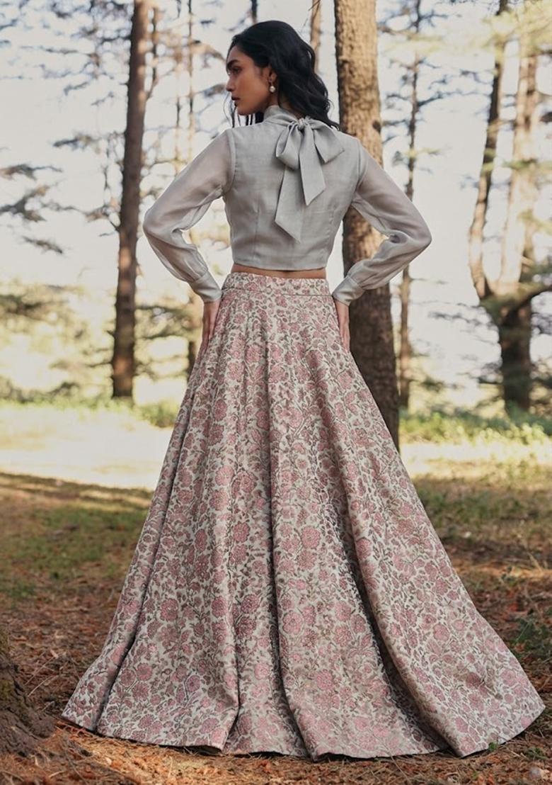 Off White Brocade Lehenga Set - Indya