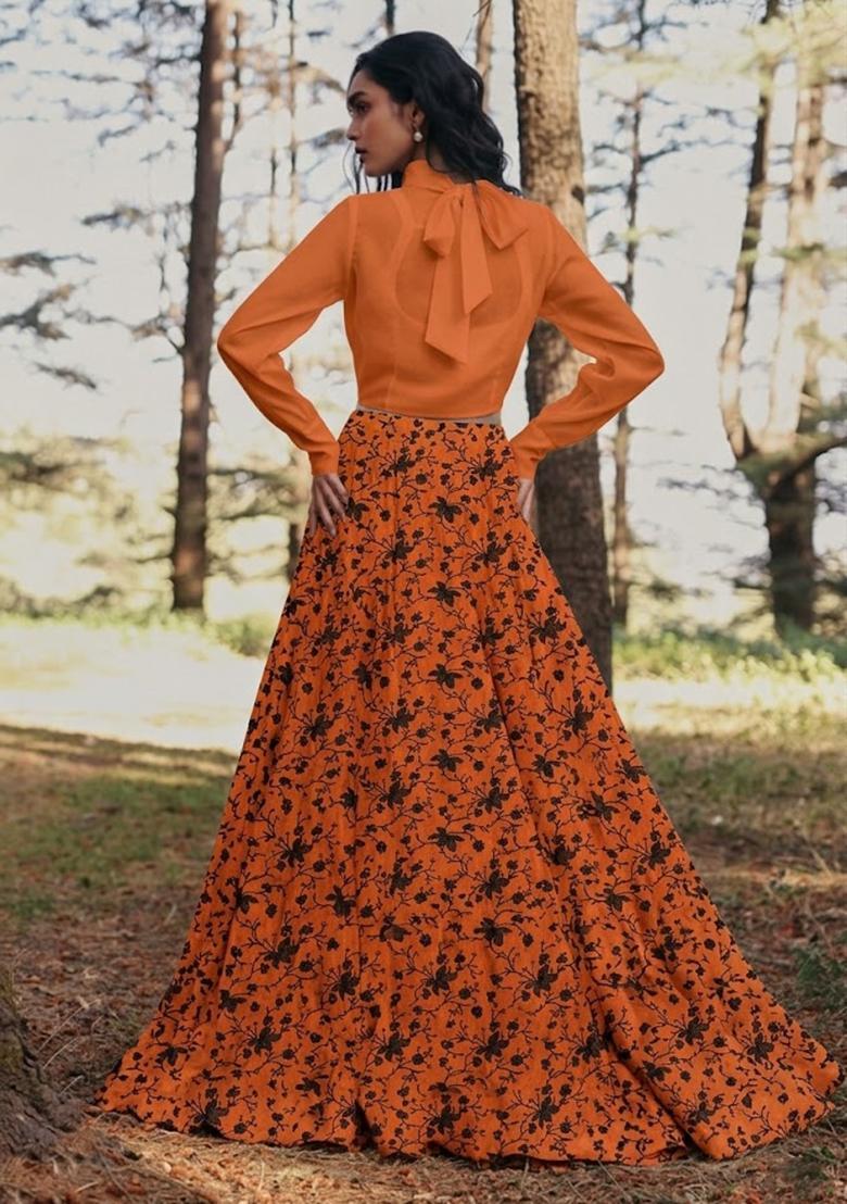 Burnt Orange Embroidered Chanderi Lehenga Set - Indya