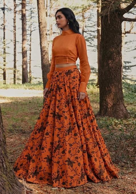 Burnt Orange Embroidered Chanderi Lehenga Set