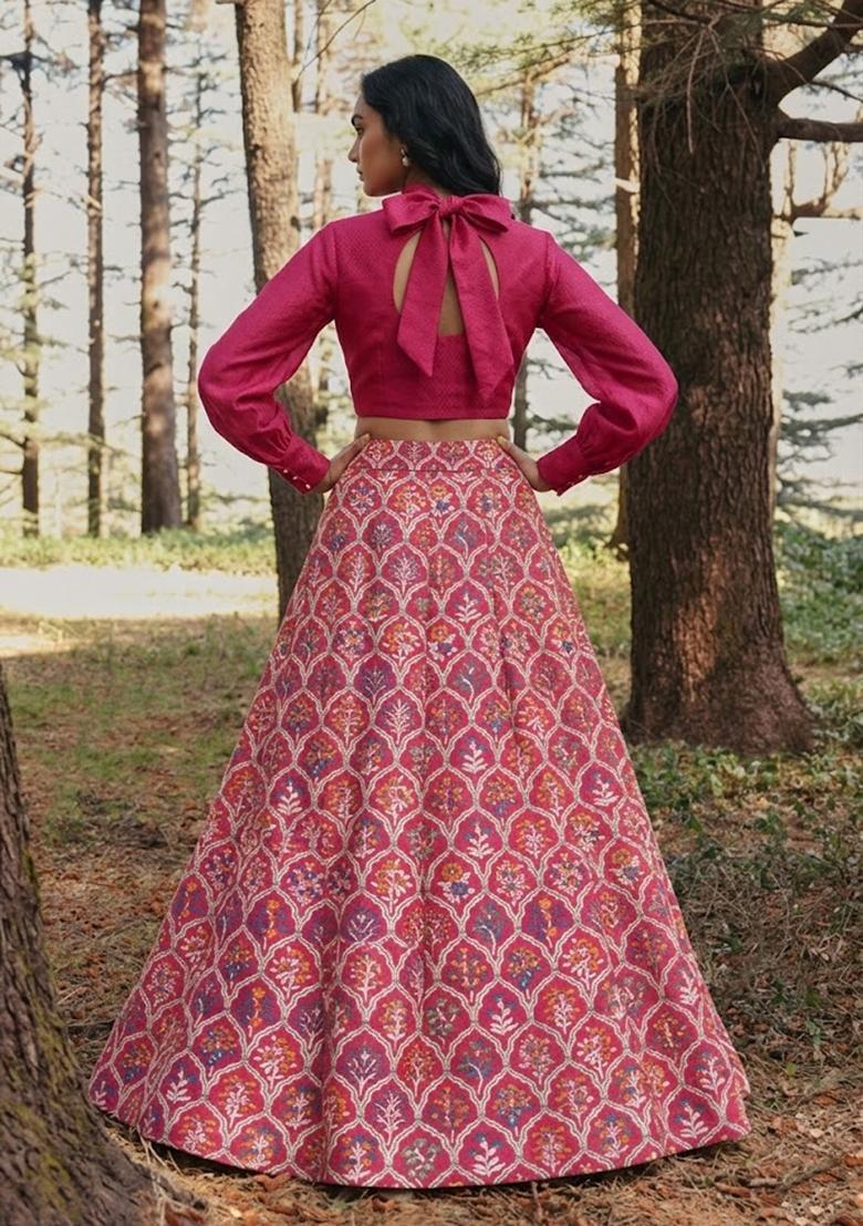 Hot Pink Brocade Lehenga Set - Indya