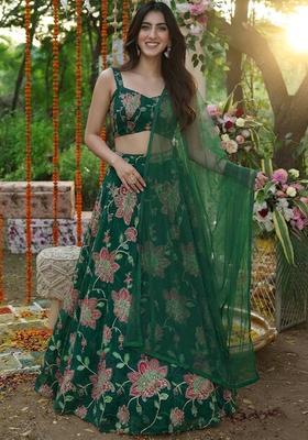 Bottle Green Printed Organza Lehenga Set