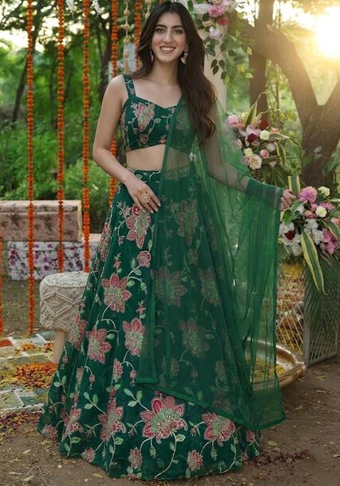Bottle Green Printed Organza Lehenga Set