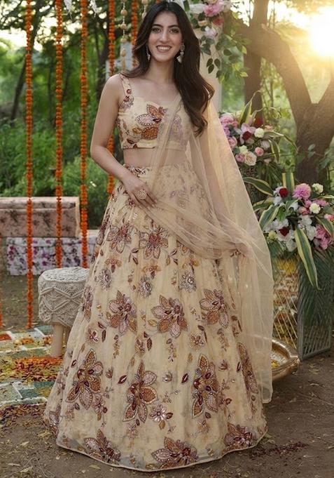 Cream  Printed Organza Lehenga Set
