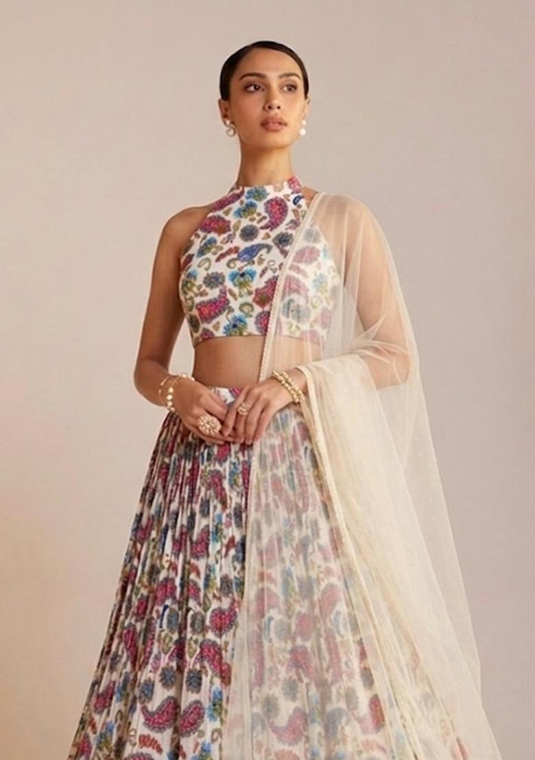 Off White Printed Crepe Lehenga Set - Indya