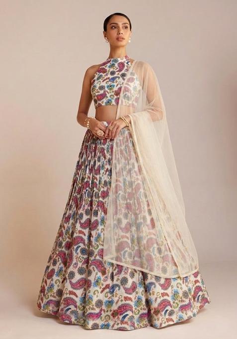 Off White Printed Crepe Lehenga Set