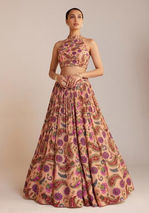 Peach  Printed Crepe Lehenga Set