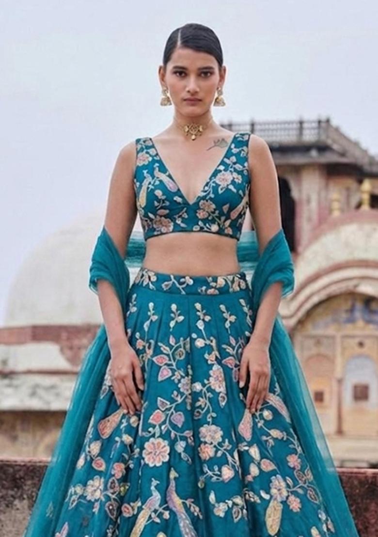 Teal Blue Printed Crepe Lehenga Set - Indya