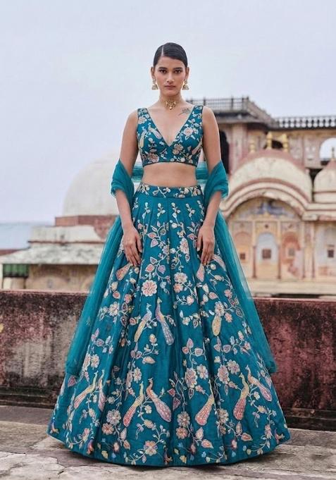 Teal Blue Printed Crepe Lehenga Set