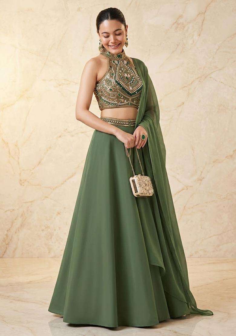 Olive Green Handwork Lehenga Set - Indya