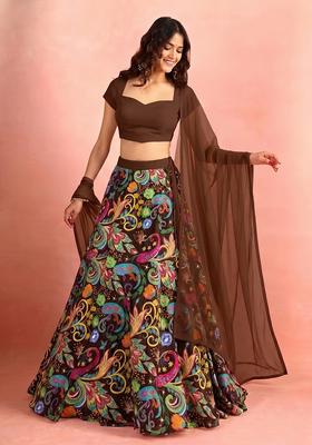 Chocolate Brown Printed Crepe Lehenga Set