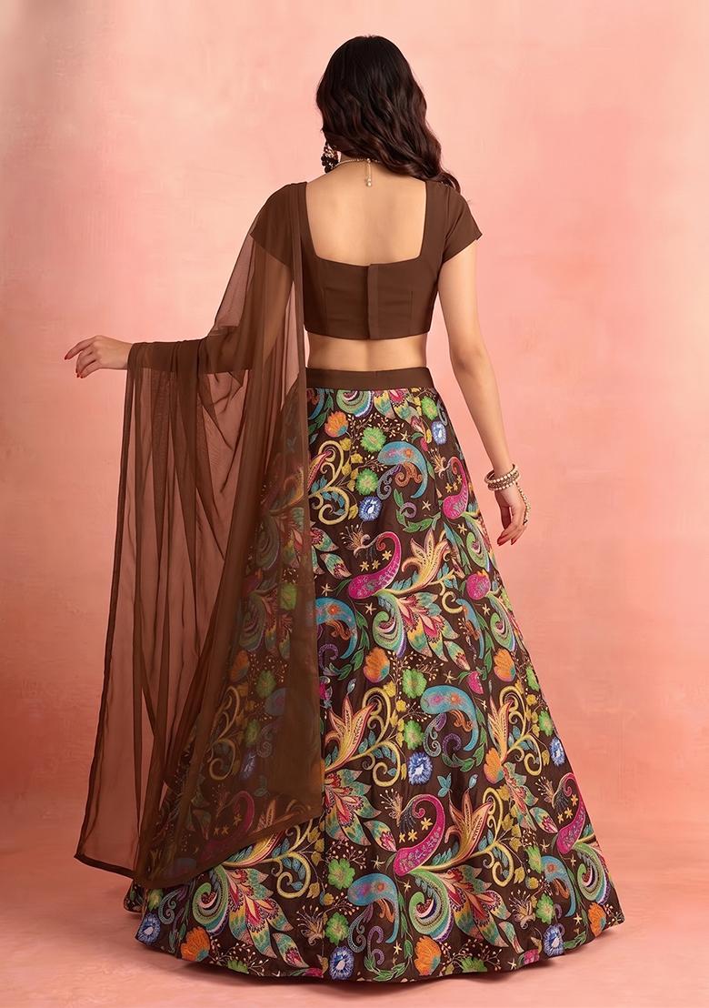 Chocolate Brown Printed Crepe Lehenga Set - Indya