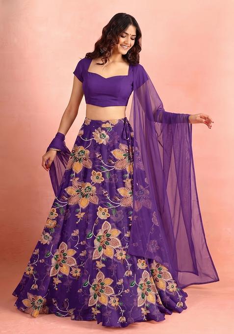 Purple Printed Organza Lehenga Set
