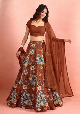 Brown Printed Organza Lehenga Set