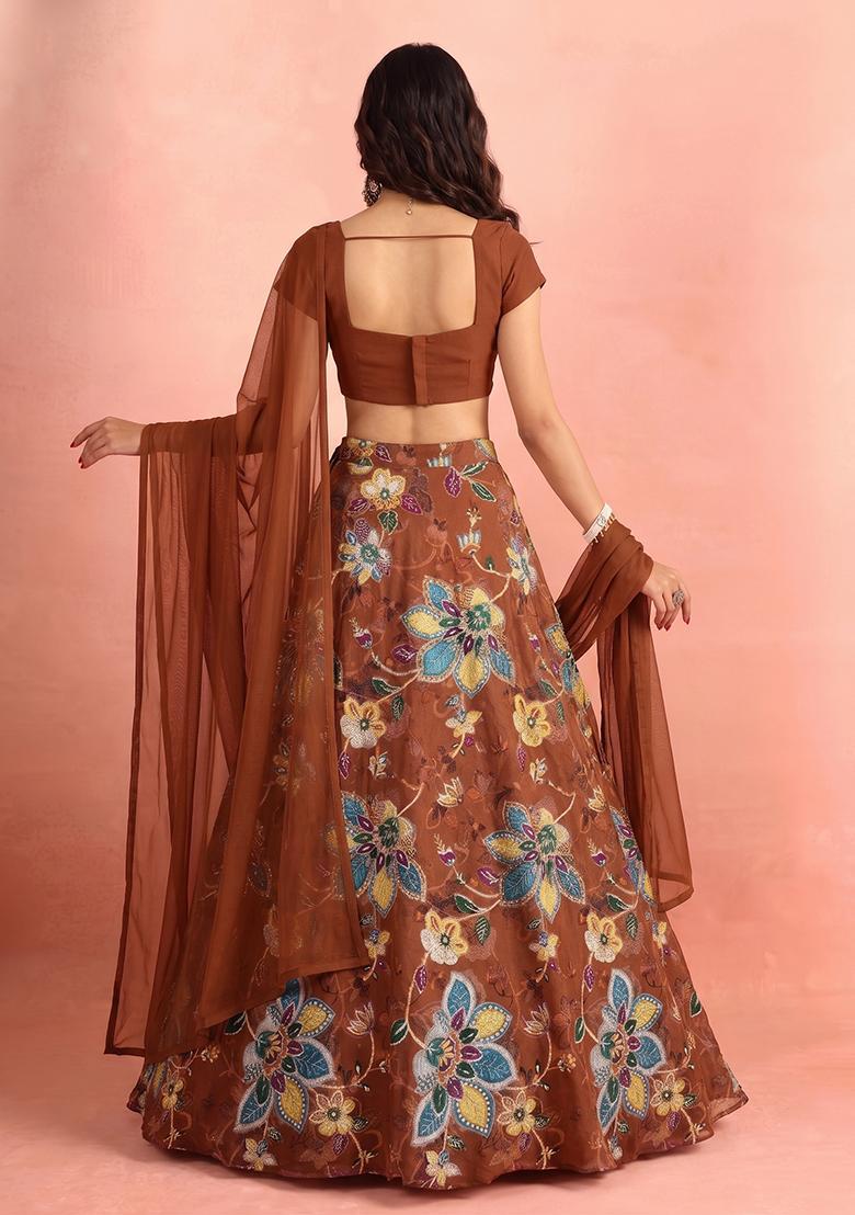 Brown Printed Organza Lehenga Set - Indya