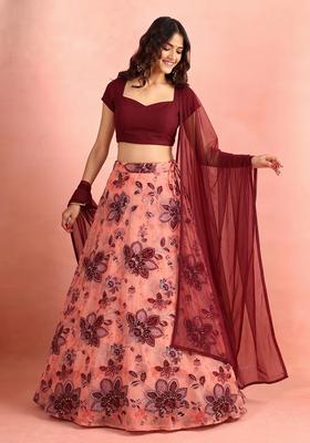 Pink Printed Organza Lehenga Set