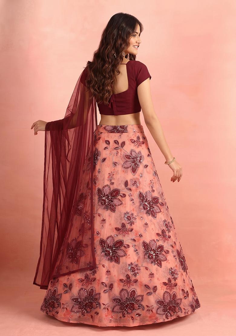 Pink Printed Organza Lehenga Set - Indya