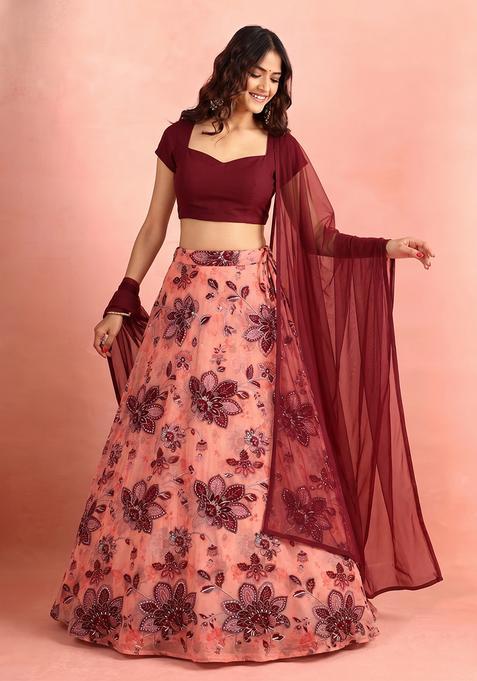 Pink Printed Organza Lehenga Set